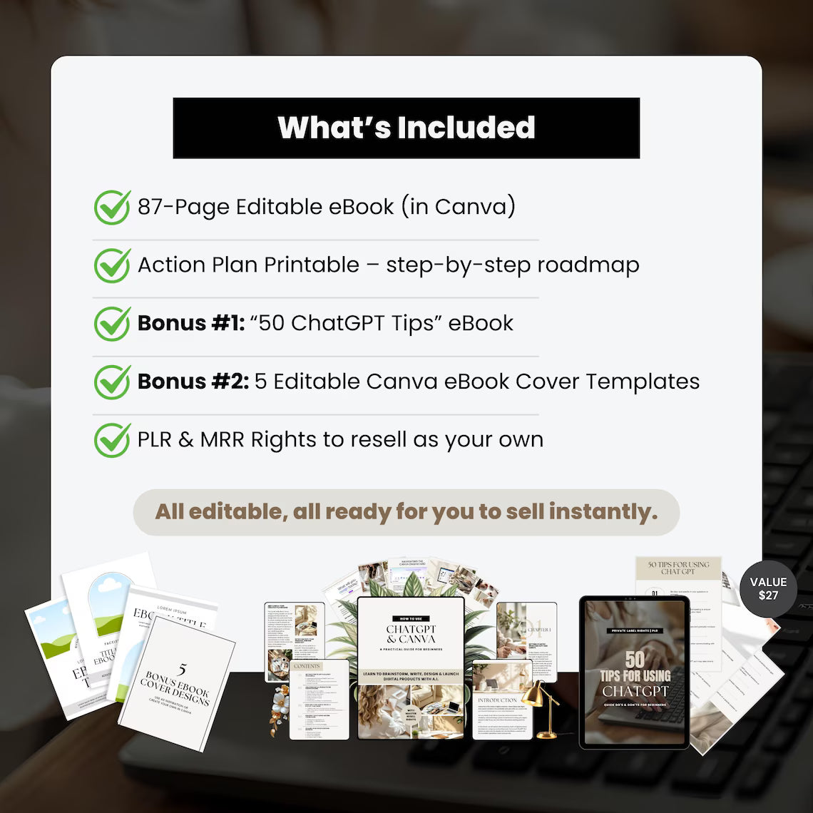 ChatGPT & Canva Guide: Digital Product Creation eBook (PLR/MRR Template, 87 Pages + Bonuses)