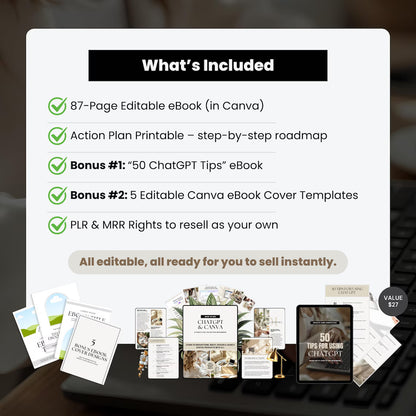 ChatGPT & Canva Guide: Digital Product Creation eBook (PLR/MRR Template, 87 Pages + Bonuses)